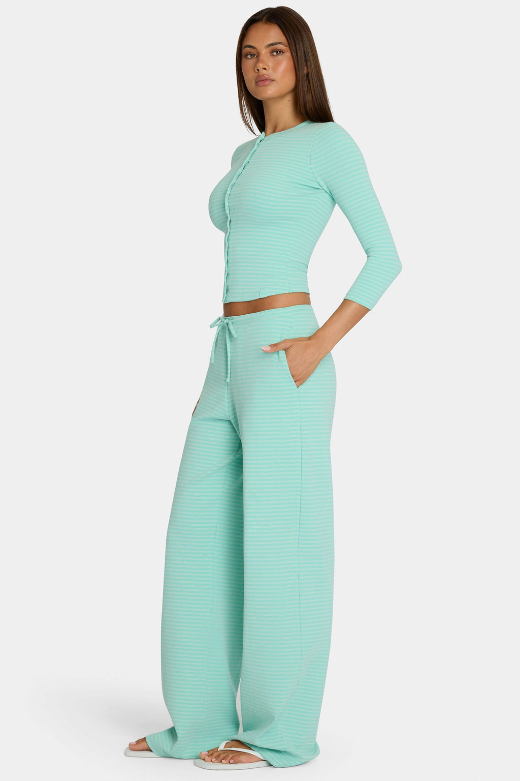 Brushed Jersey Low-rise Trousers In Aqua Stripe