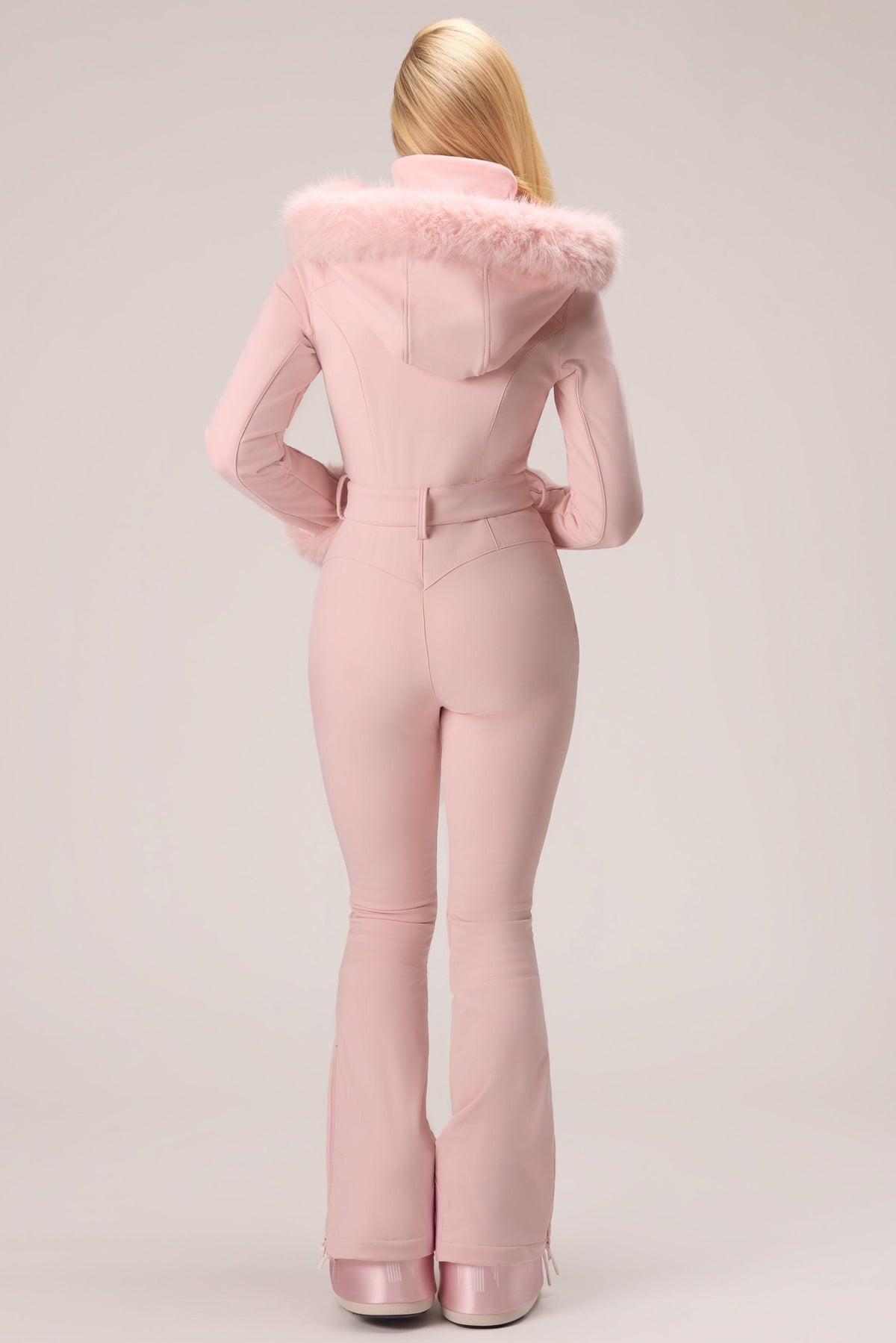Water Resistant Fitted Ski Suit With Faux Fur Hood In Powder Pink