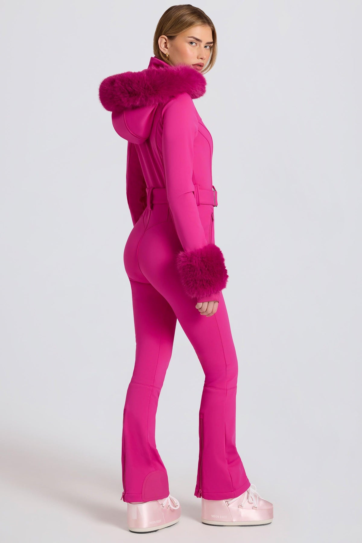 Waterproof Faux-fur Hood Fitted Ski Suit In Magenta Pink