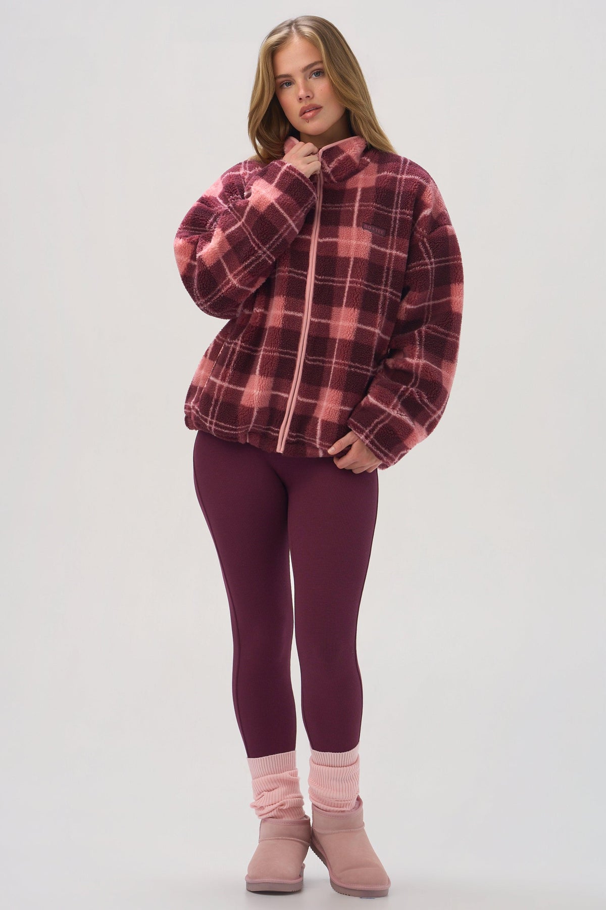 Oversized Zip-up Fleece In Plum Plaid