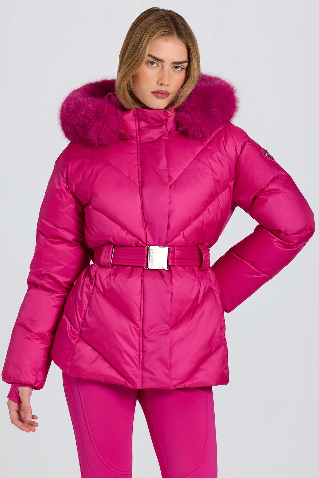 Waterproof Faux-fur Hood Ski Jacket In Magenta Pink