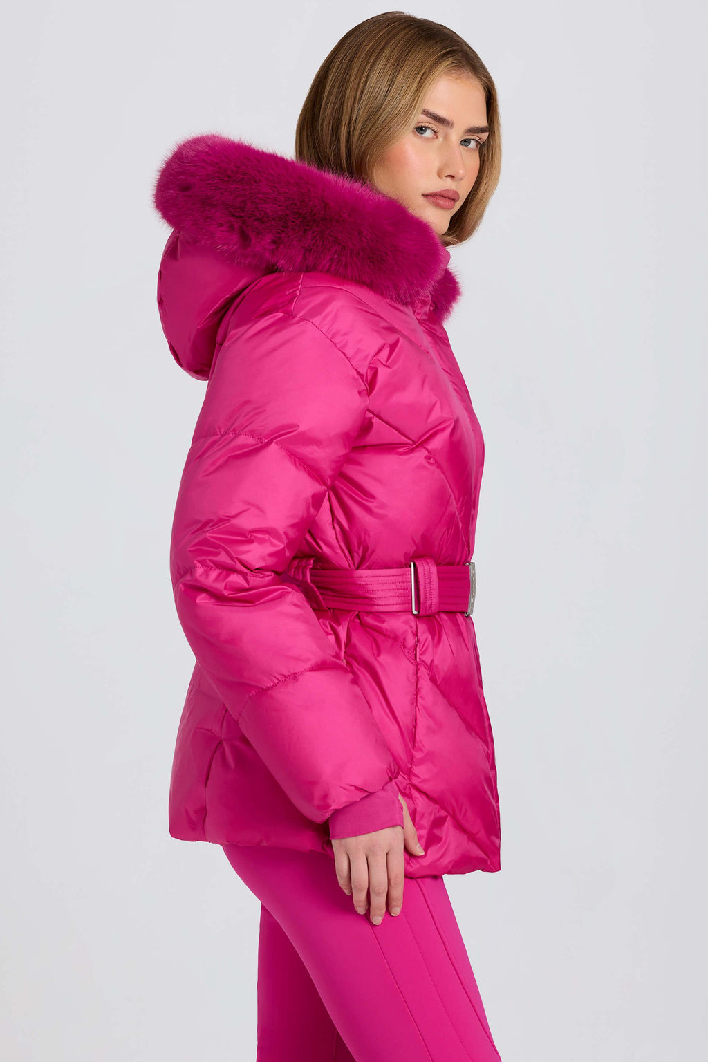 Waterproof Faux-fur Hood Ski Jacket In Magenta Pink