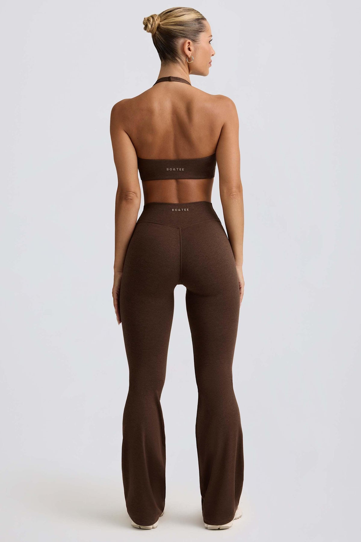 Brushed Jersey Ruched Flared Trousers In Pecan Marl