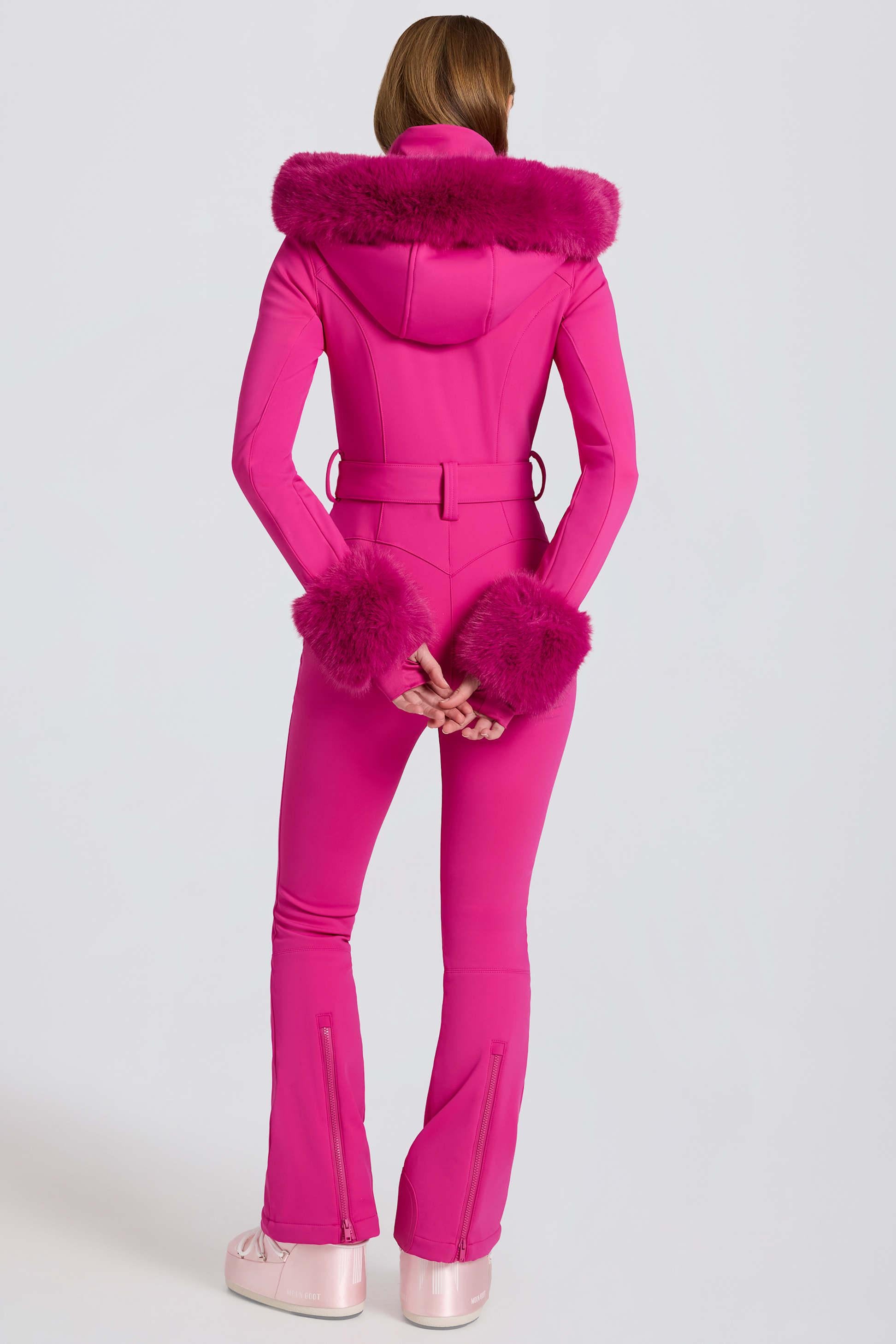 紫紅色防水人造皮草連帽合身滑雪服