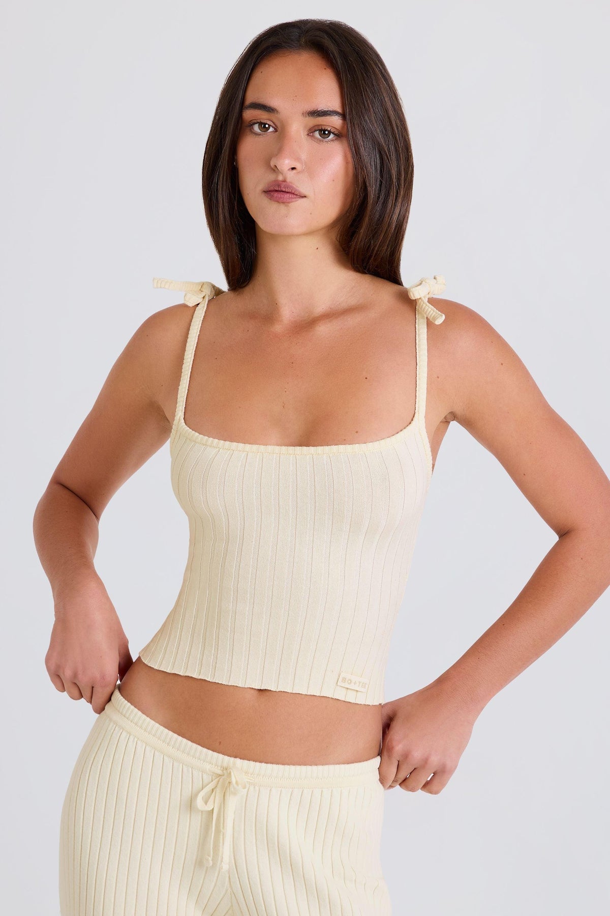 Ribbed Knit Tie Tank Top In Cream
