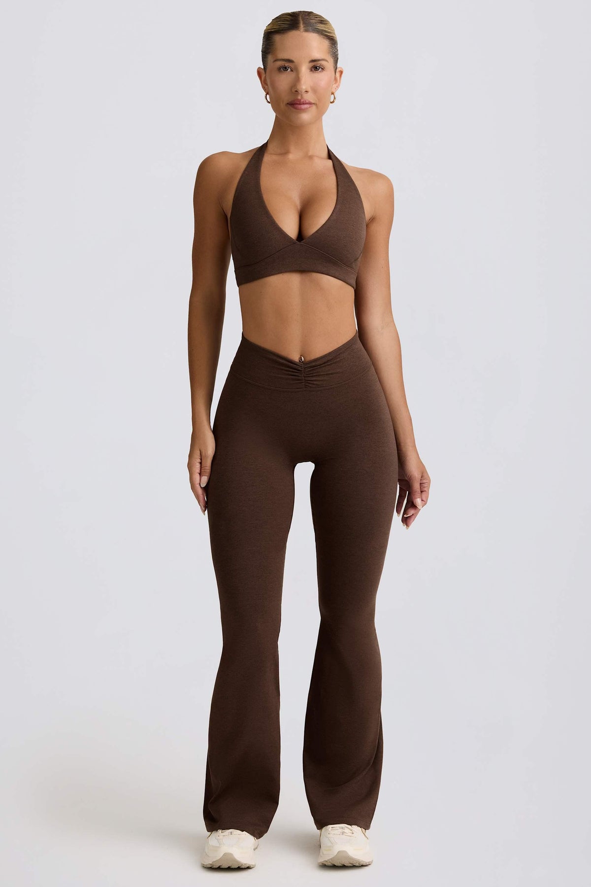 Brushed Jersey Ruched Flared Trousers In Pecan Marl