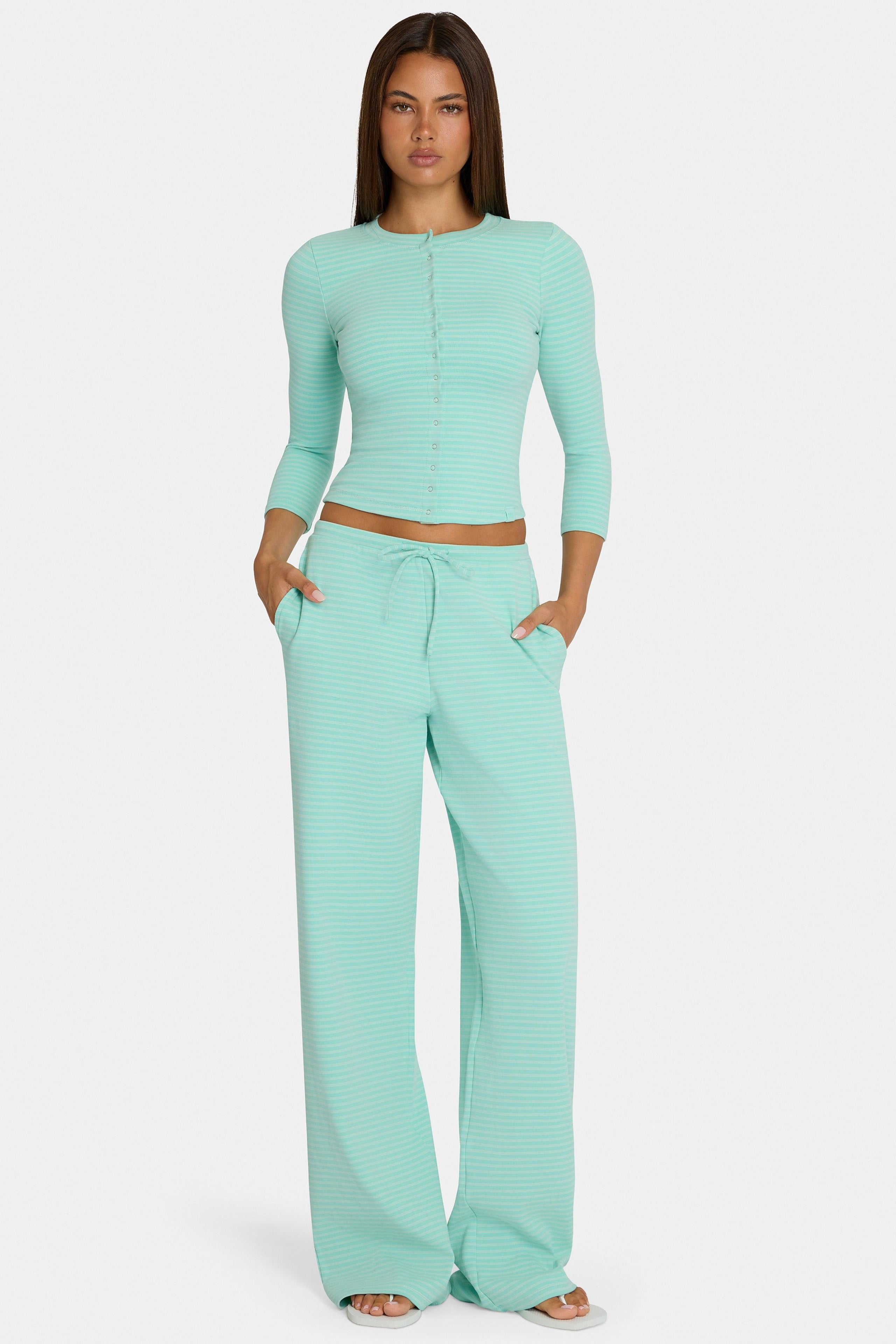 Brushed Jersey Low-rise Trousers In Aqua Stripe