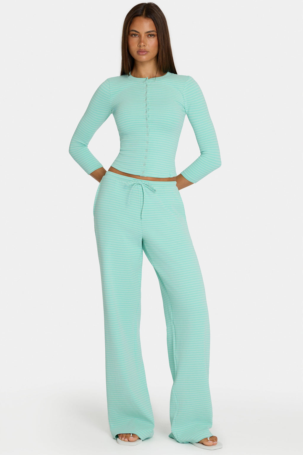 Brushed Jersey Low-rise Trousers In Aqua Stripe