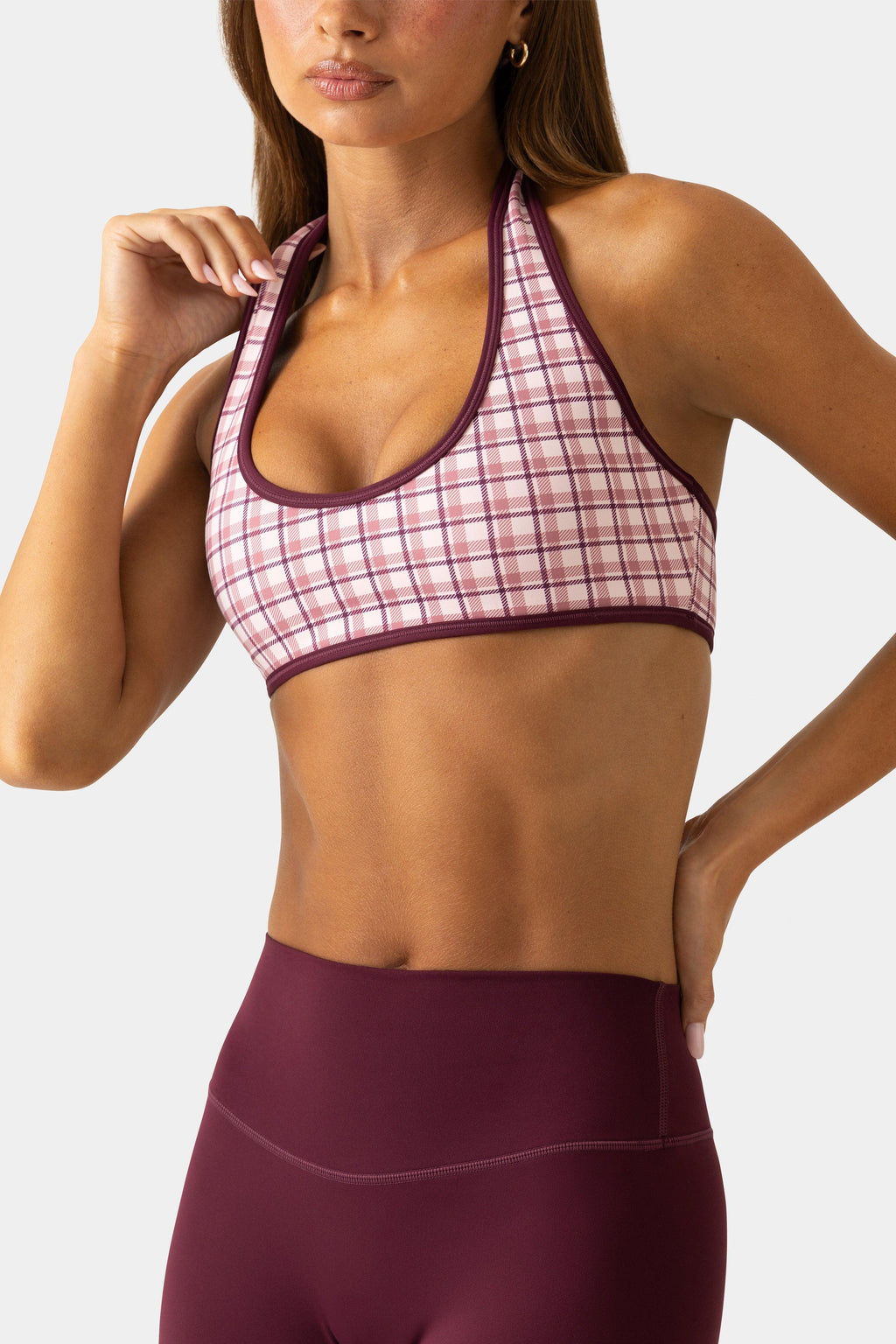 Soft Active Reversible Sports Bra In Mauve Plaid