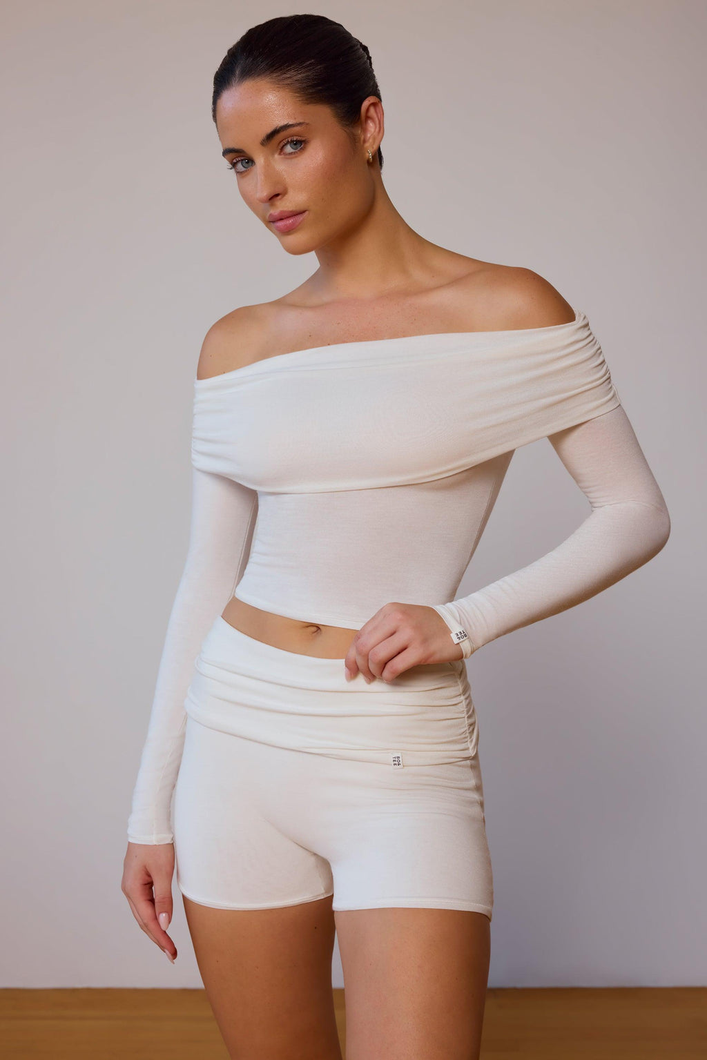 Sheer Off-shoulder Long-sleeve Top In Soft White