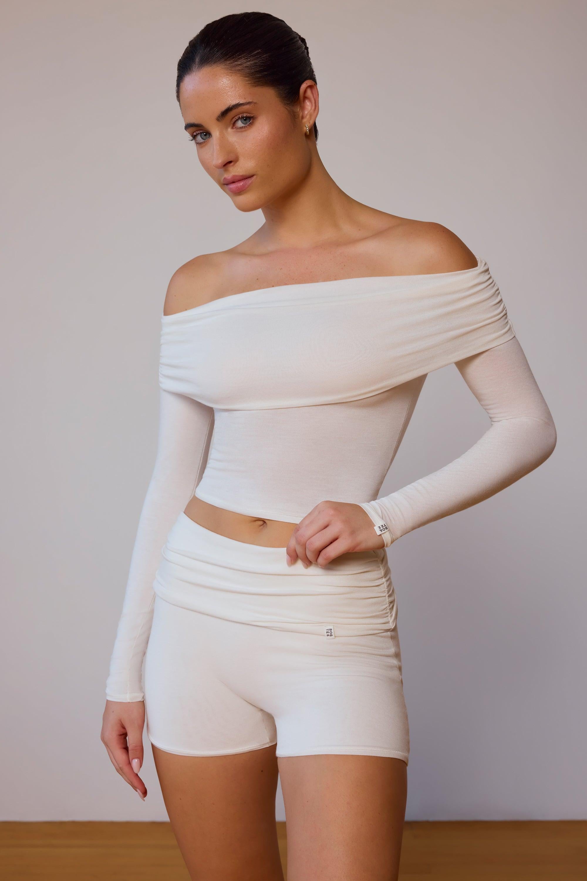 Sheer Off-shoulder Long-sleeve Top In Soft White