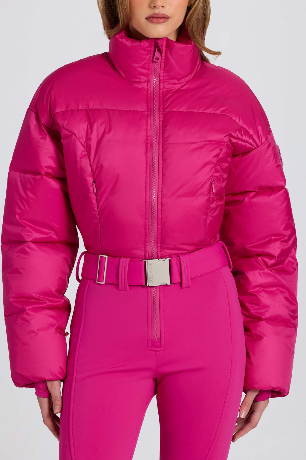 洋紅粉防水襯墊腰帶滑雪服