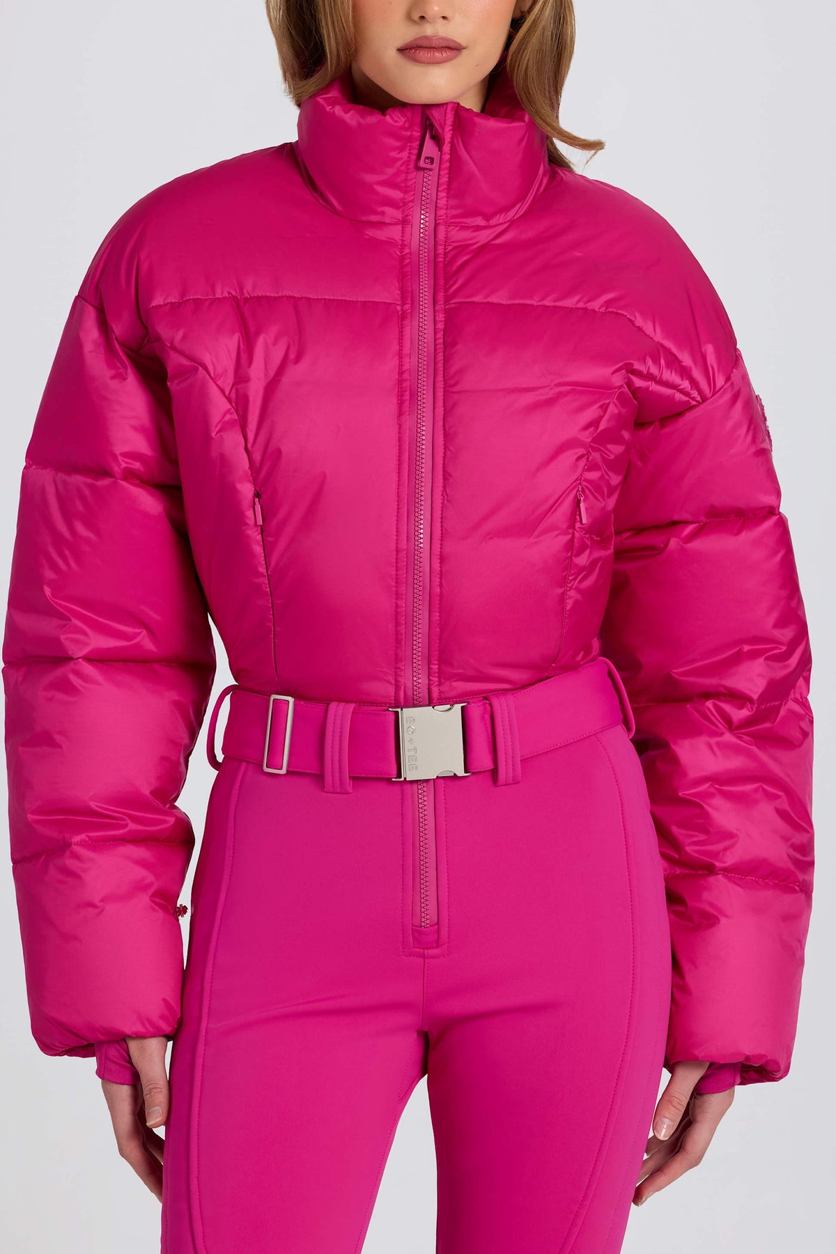 洋紅粉防水襯墊腰帶滑雪服