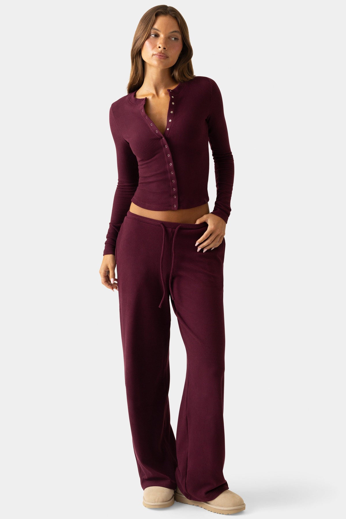 Ribbed Jersey Crewneck Cardigan In Burgundy