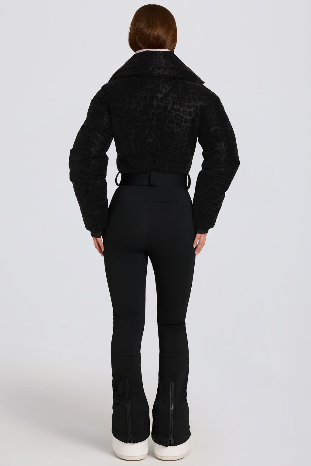 Waterproof Belted Layered Ski Suit In Black Leopard