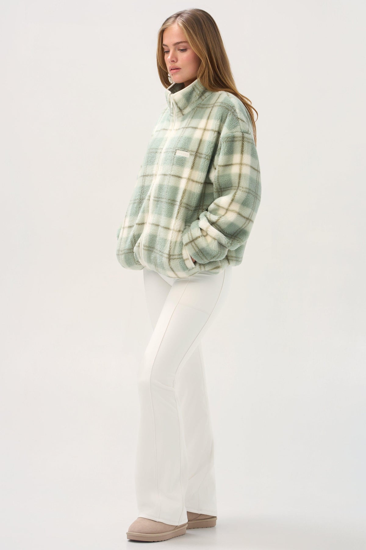 Oversized Zip-up Fleece In Matcha Plaid