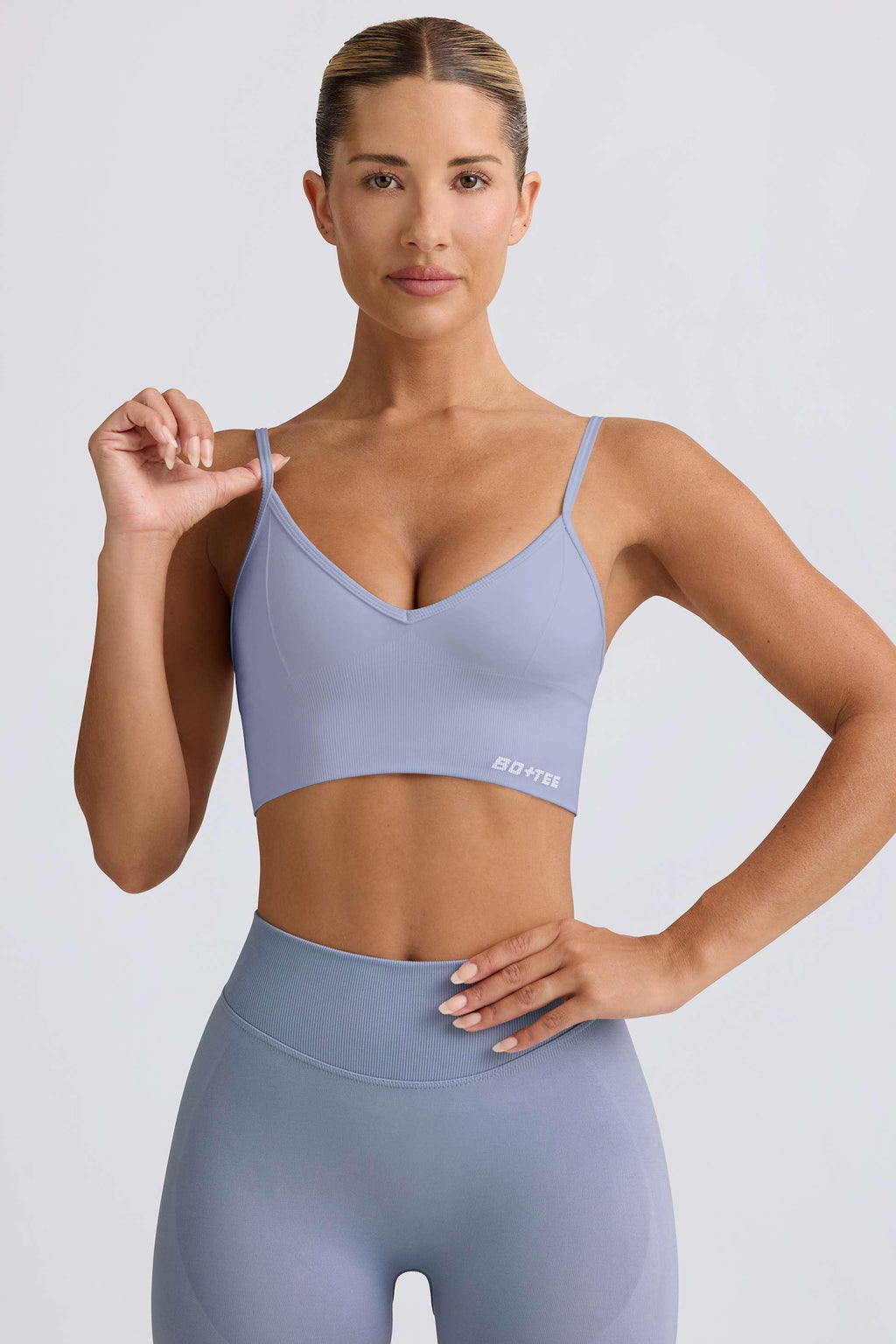 Define Luxe V-neck Sports Bra In Blue Grey