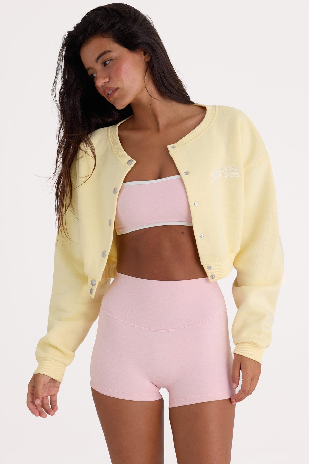 Brushed Jersey Button-up Cropped Cardigan In Lemon