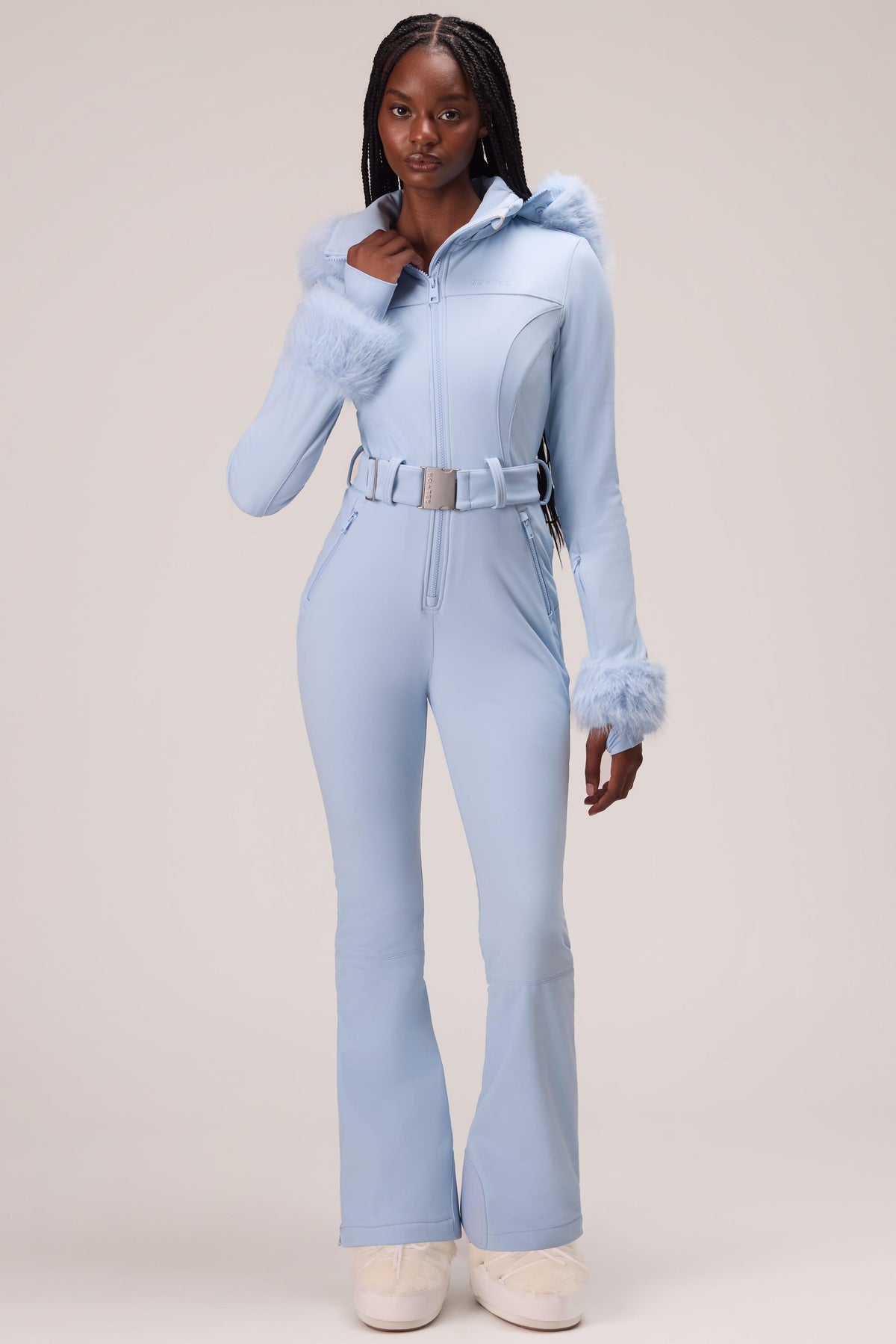 Water Resistant Fitted Ski Suit With Faux Fur Hood In Powder Blue