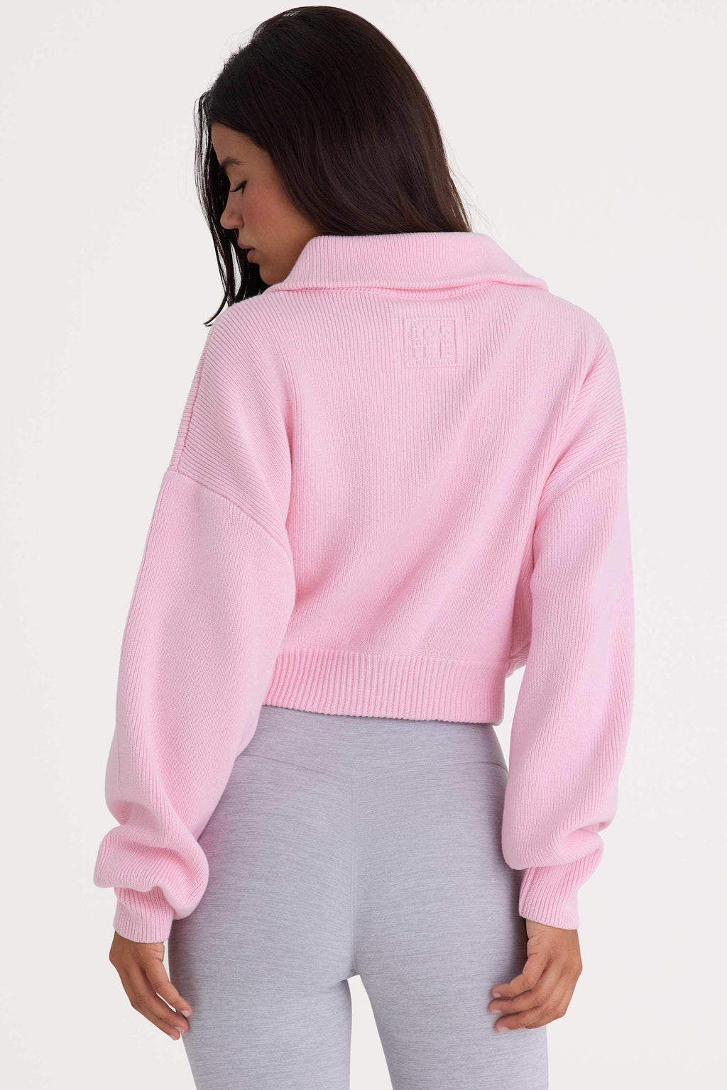 Ribbed Knit Zip-up Cropped Sweatshirt In Pale Pink