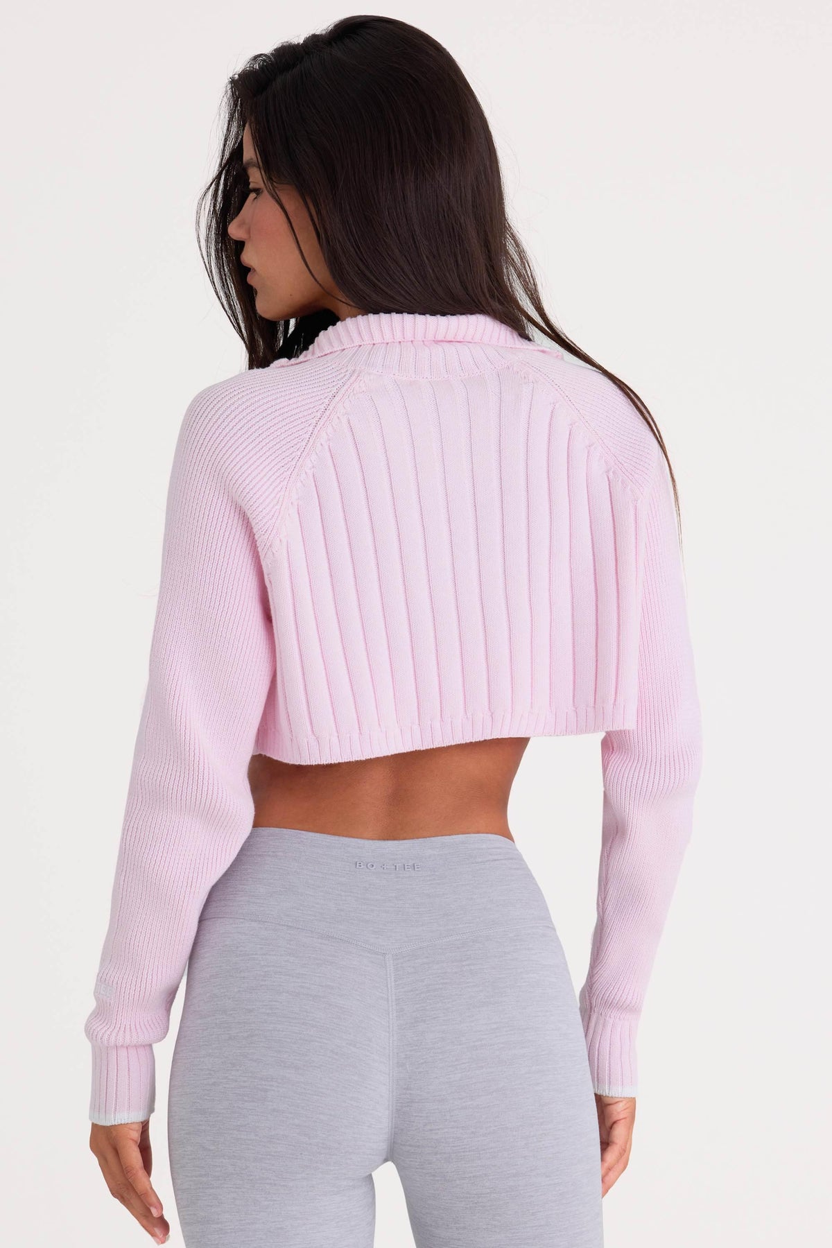 Ribbed-knit Quarter-zip Cropped Jumper In Powder Pink