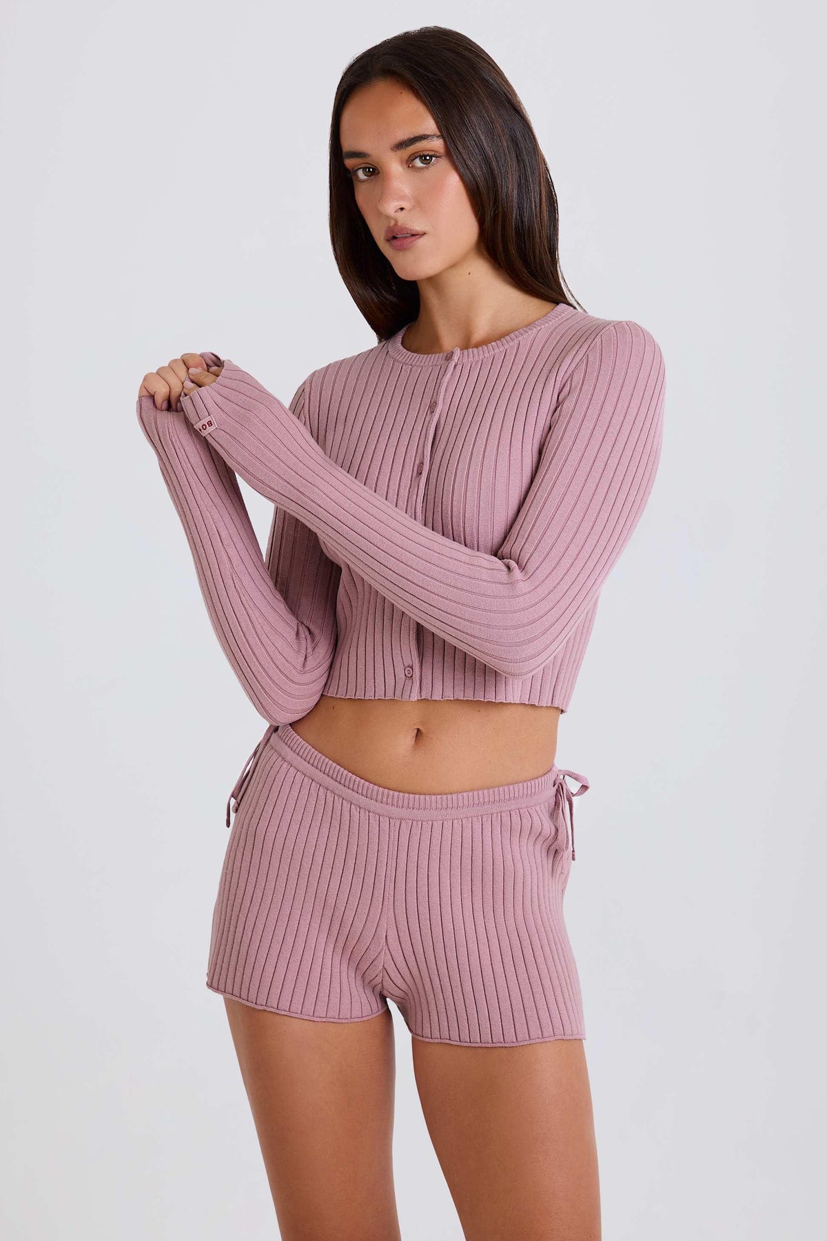 Ribbed Knit Tie Mini Shorts In Mauve