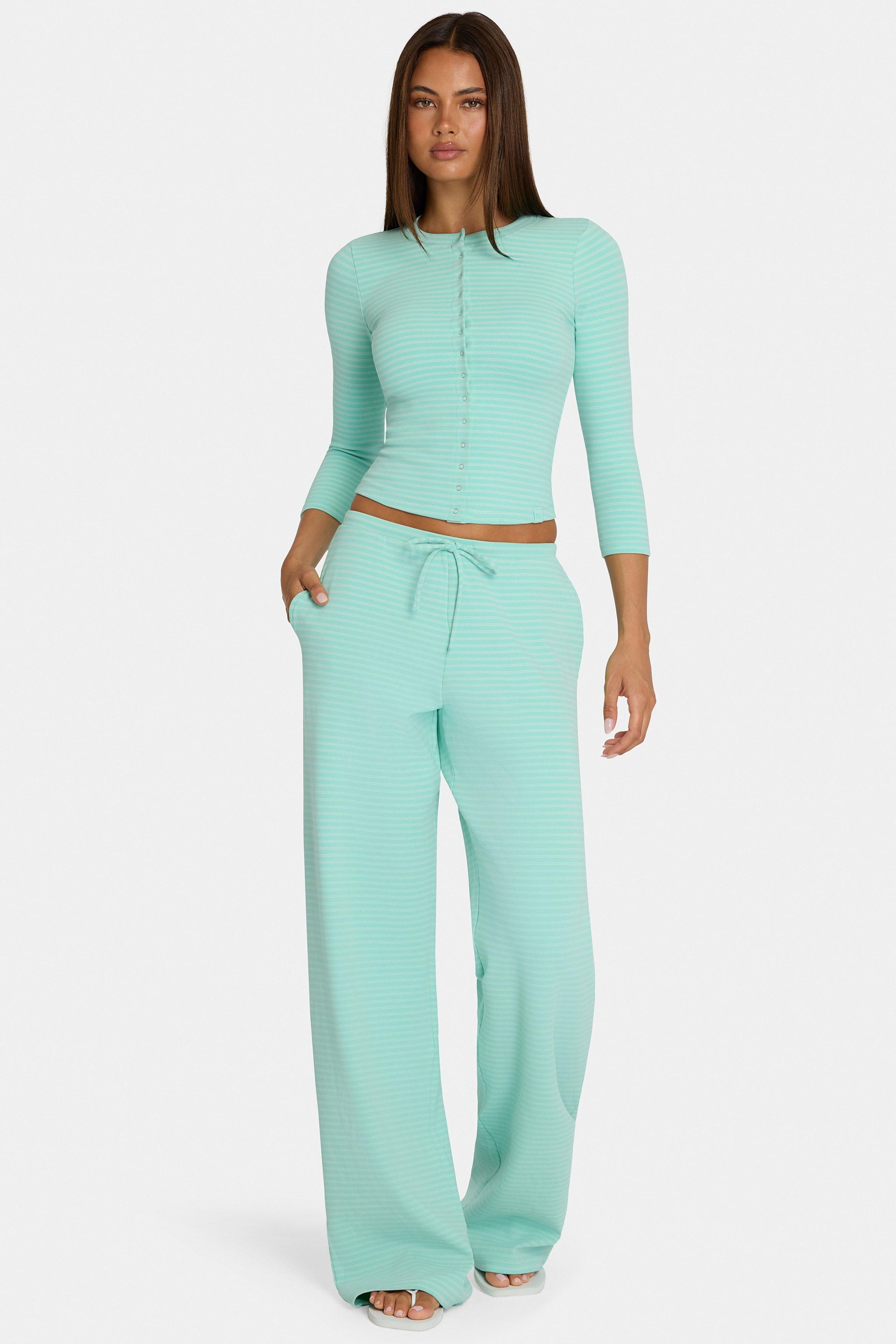 Brushed Jersey Low-rise Trousers In Aqua Stripe
