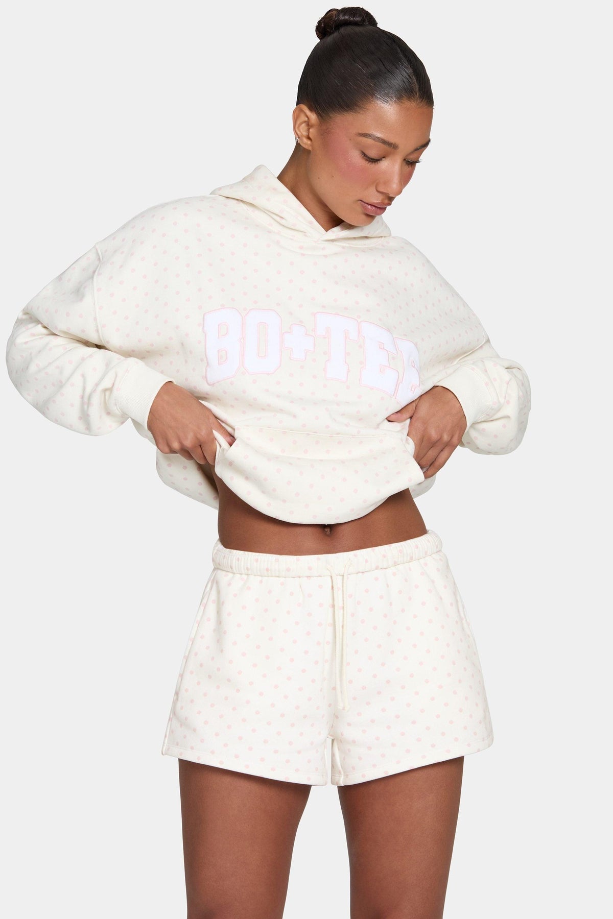 Oversized Applique Hoodie In Blush Polka Dot