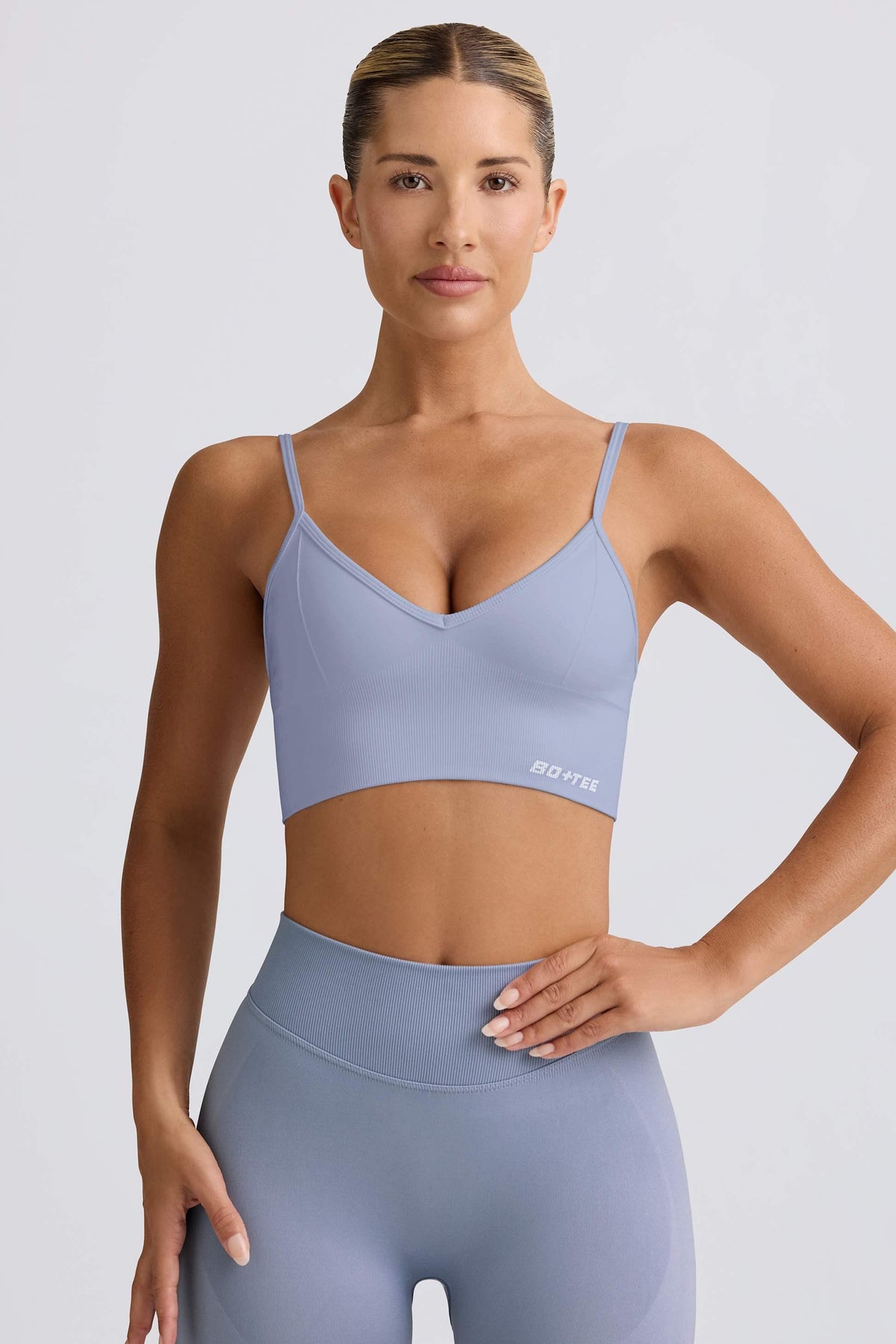 Define Luxe V-neck Sports Bra In Blue Grey
