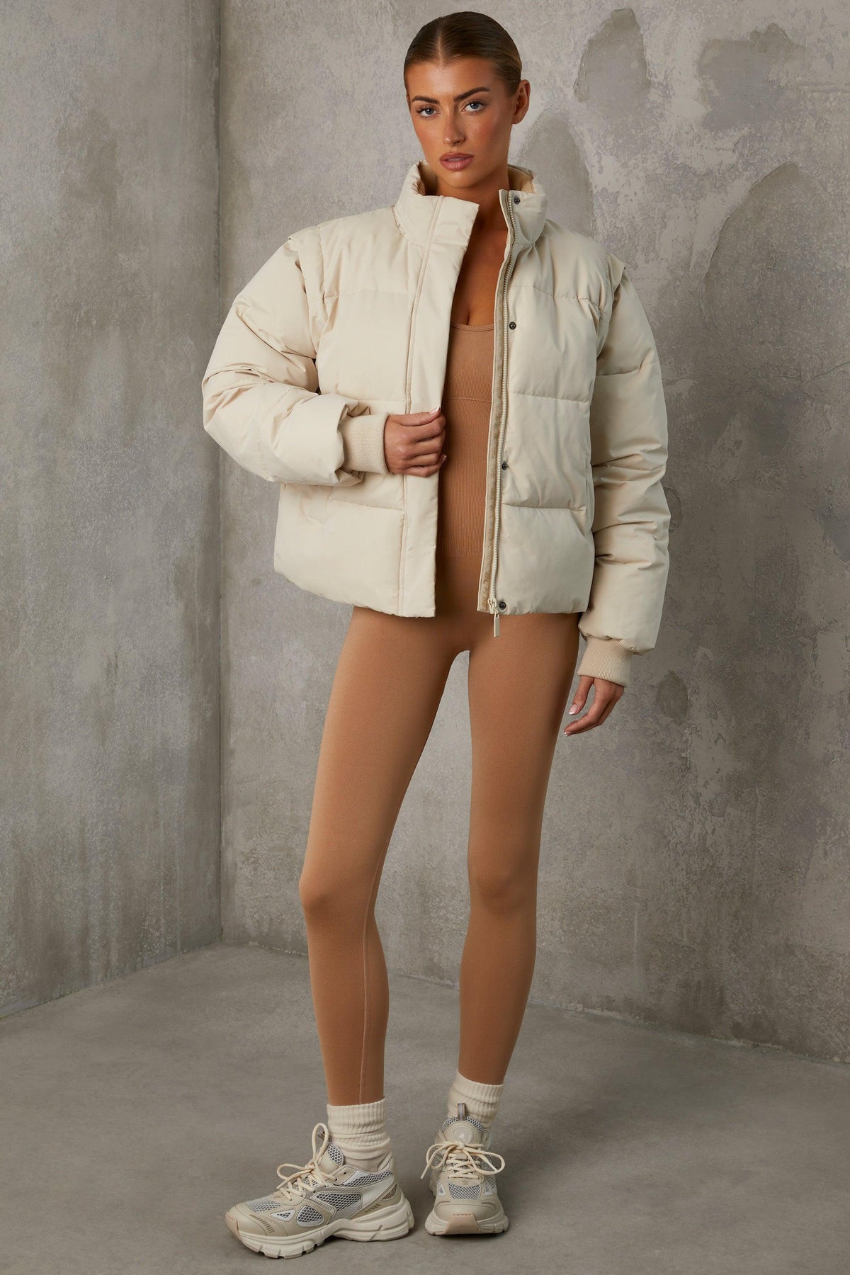 Cropped Puffer Jacket With Detachable Sleeves In Sand