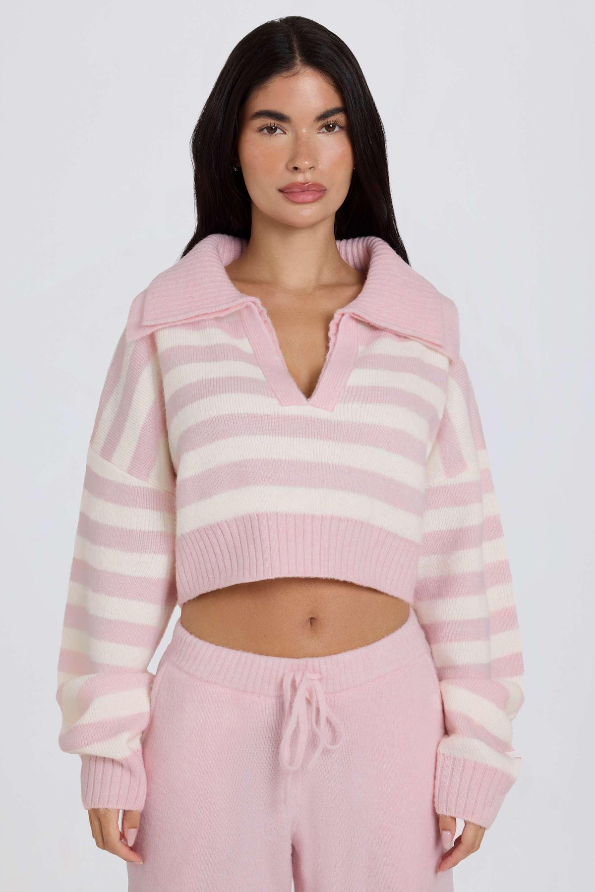 Soft Knit Layered Collar Cropped Jumper In Pink Stripe