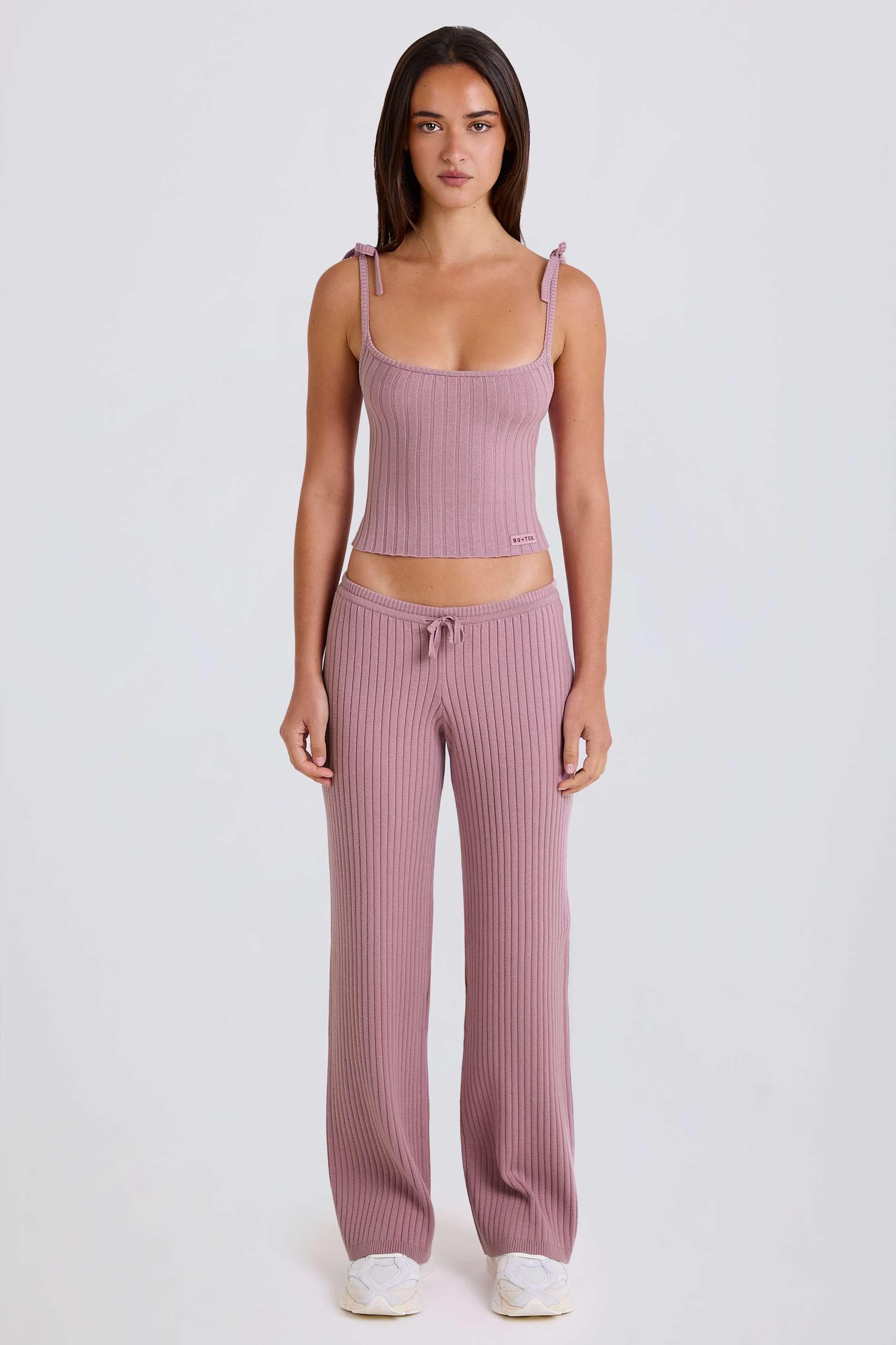 Ribbed Knit Wide-leg Joggers In Mauve