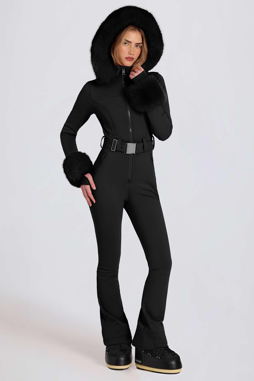 Waterproof Faux-fur Hood Fitted Ski Suit In Black