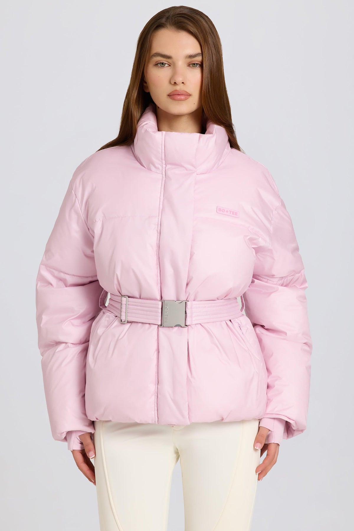 Waterproof Belted Oversized Ski Jacket In Powder Pink