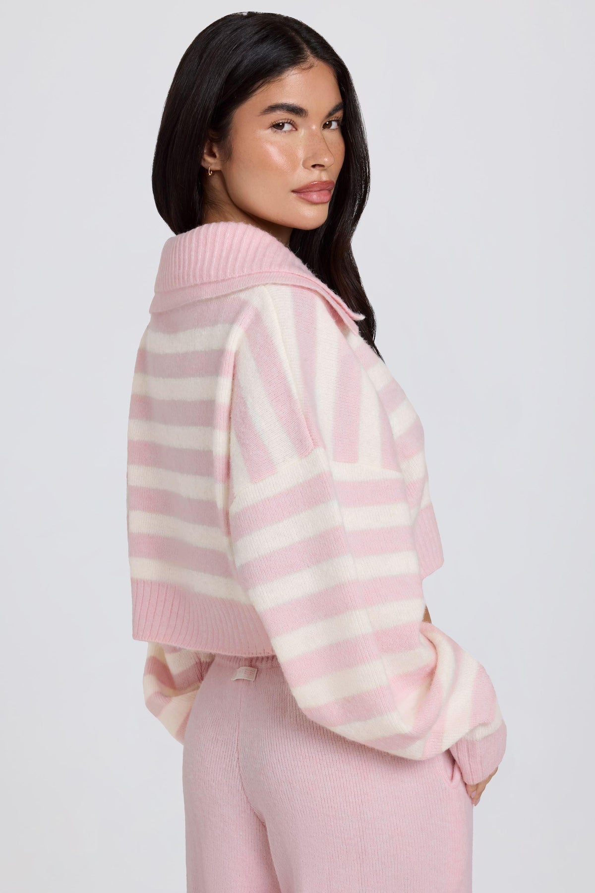 Soft Knit Layered Collar Cropped Jumper In Pink Stripe