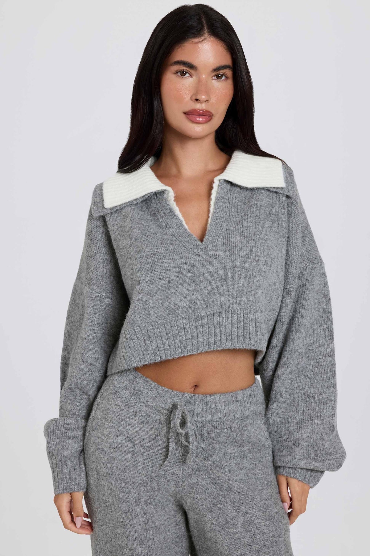 Soft Knit Layered Collar Cropped Jumper In Grey