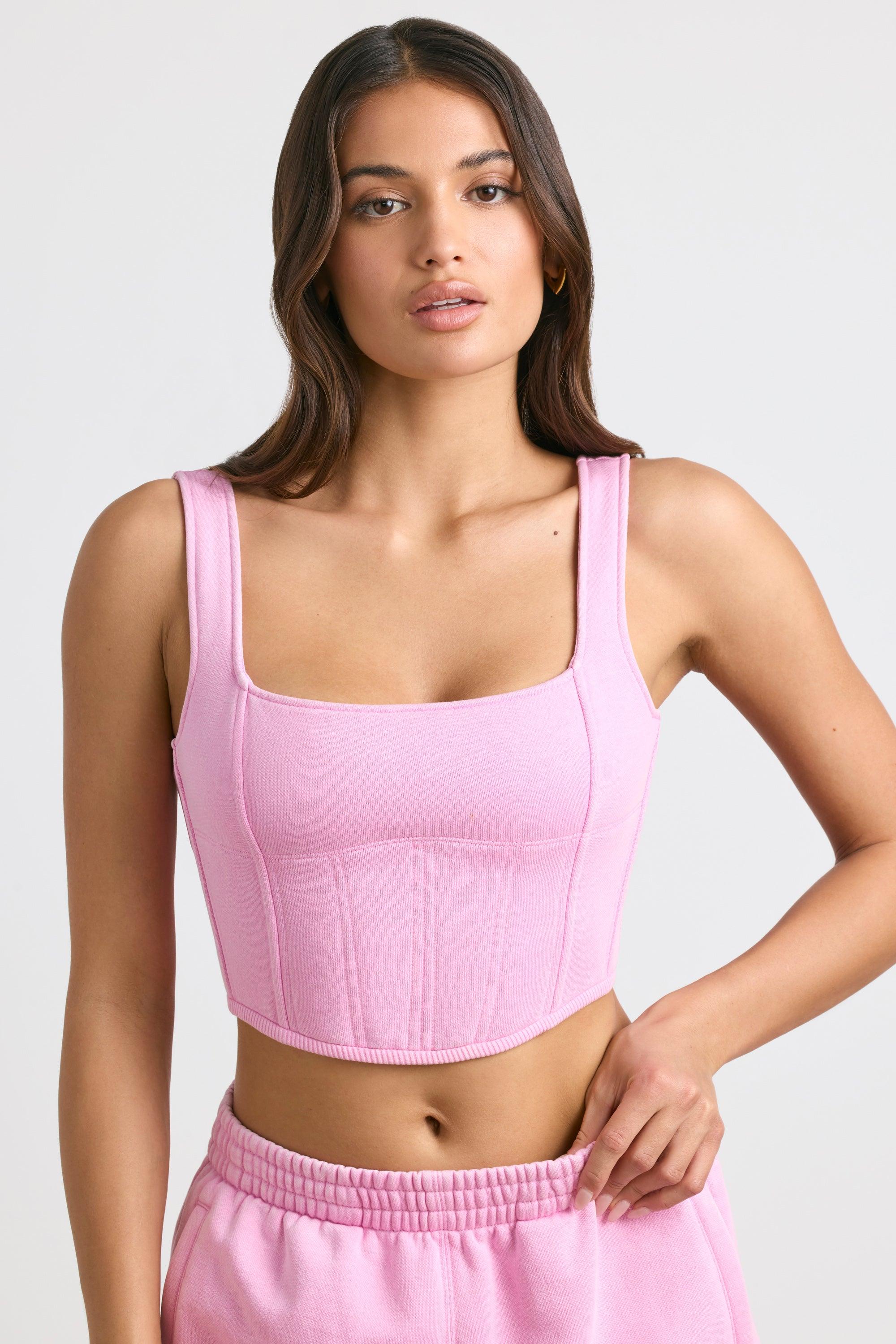 Brushed Jersey Corset Crop Top In Bubblegum Pink